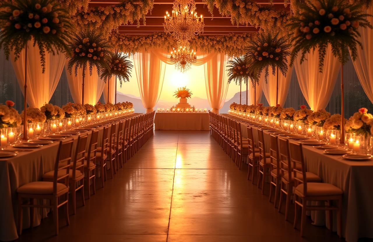 A beautifully decorated, romantic wedding reception at sunset.