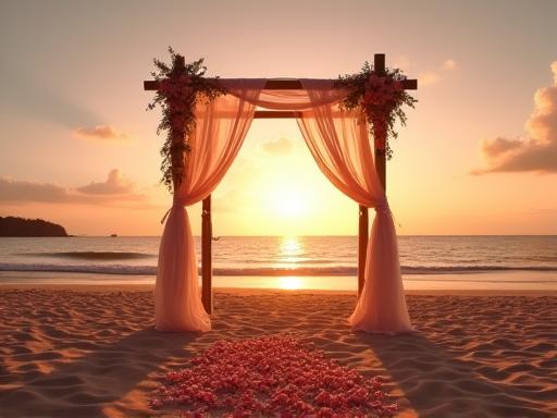A romantic beach wedding at sunset on Sentosa Island.