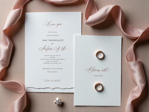 A close-up detail shot of bespoke wedding stationery and rings.