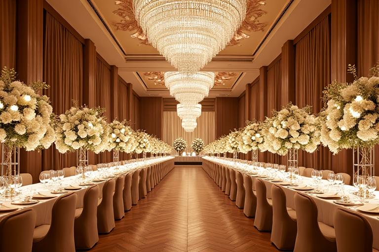 A grand ballroom reception at The Fullerton Hotel with elaborate floral decorations.