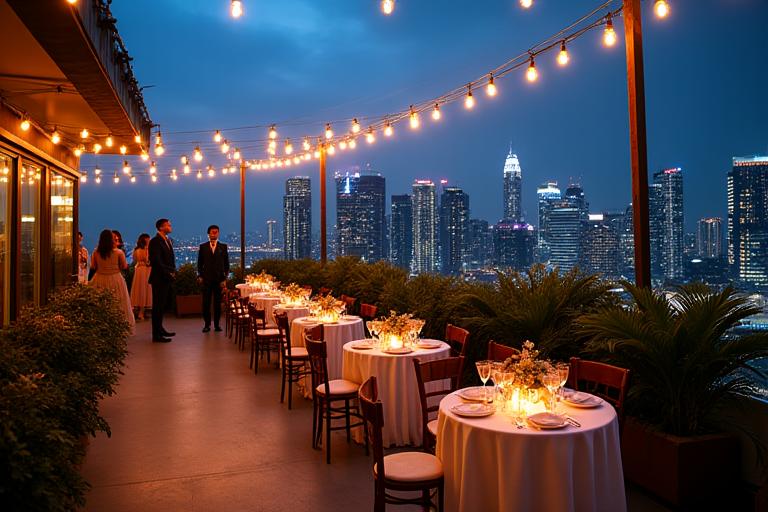 A chic rooftop wedding celebration with a view of the Singapore skyline.